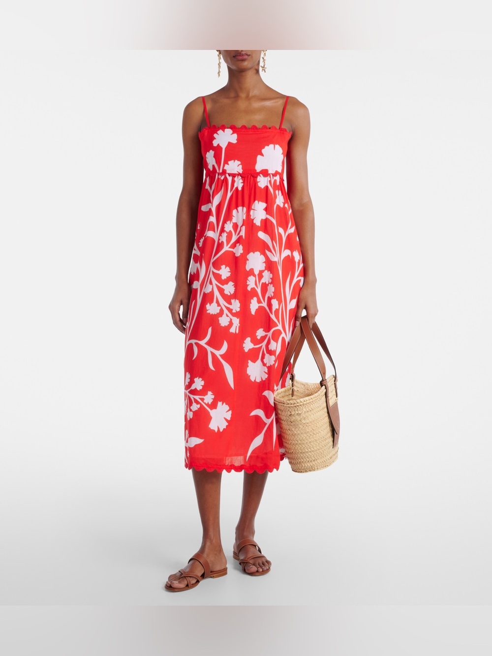 Juliet Dunn Printed Scalloped Midi Dress in Red & White, Size 3 (US 8/10)